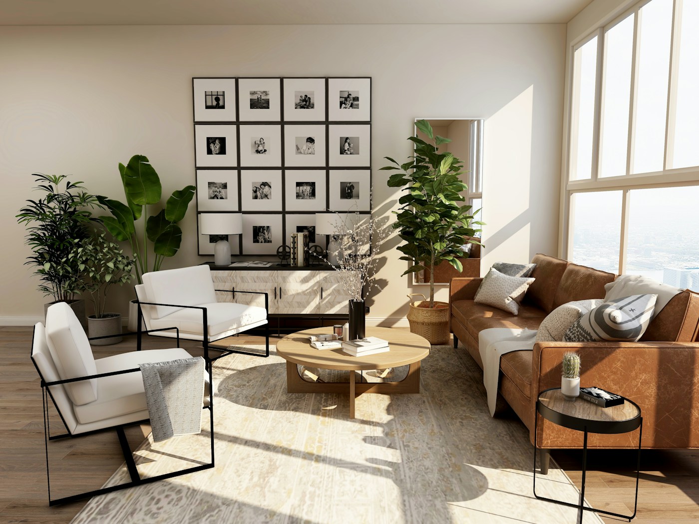 A warm, light-filled living room with timber furniture and plants